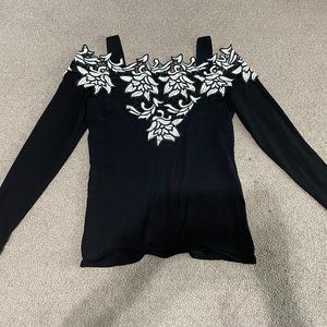 INC Black Cold-Shoulder Top Lace Details Size Petite Small